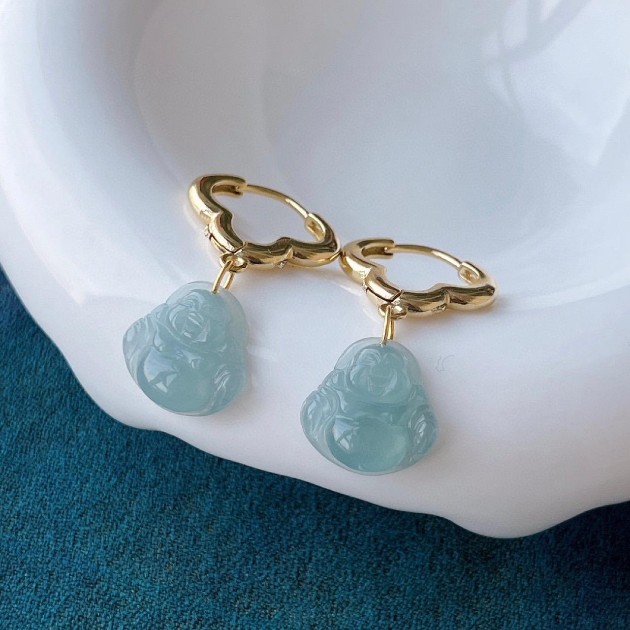 Natural Blue Jade Small Buddha Earrings in 925 Silver One Size