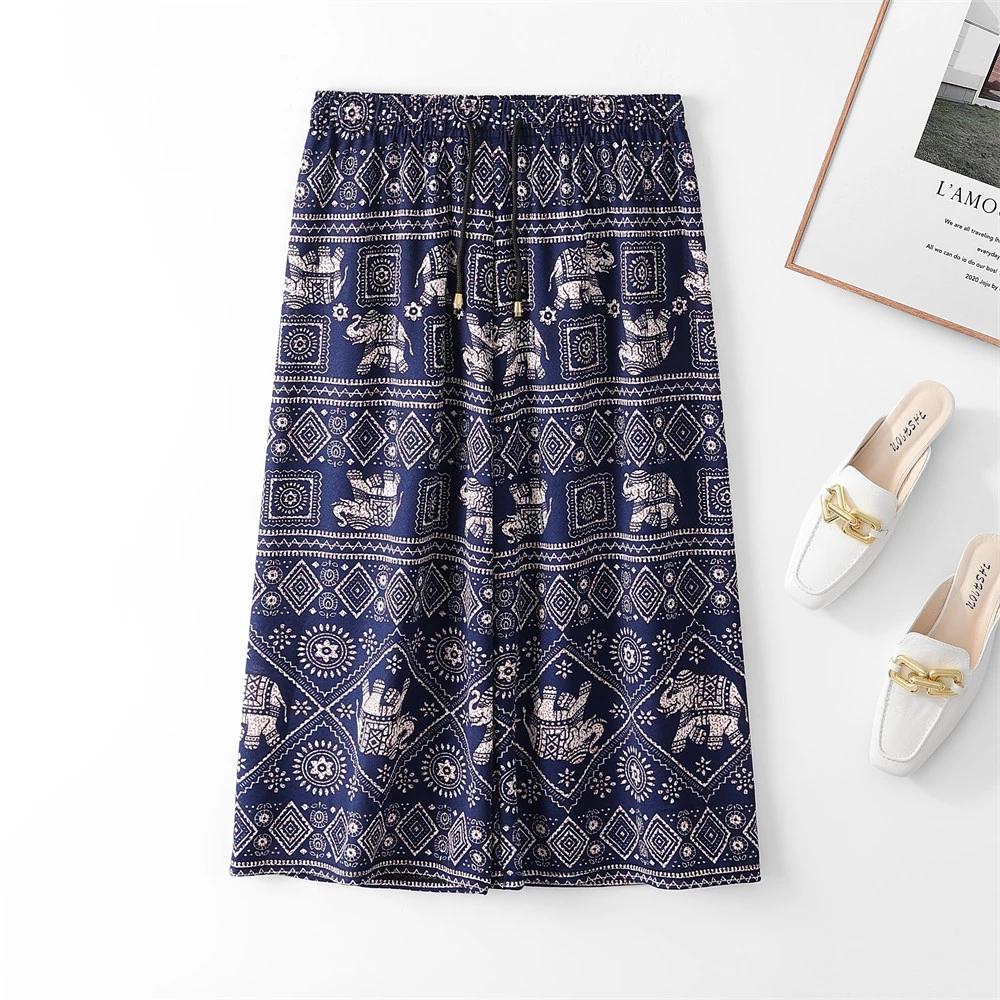 Elephant Capris Crop Pants Adjustable Elastic Waistband Rope Loose Legs Women Men Unisex Print Thailand Casual Streetwear Beach Bohemian Retro Vintage