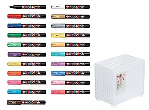 Mitsubishi Pencil uni Posca Water-Based Markers, Extra Fine Point, PC-1M-21C, 21 Color Set, with Pen Stand