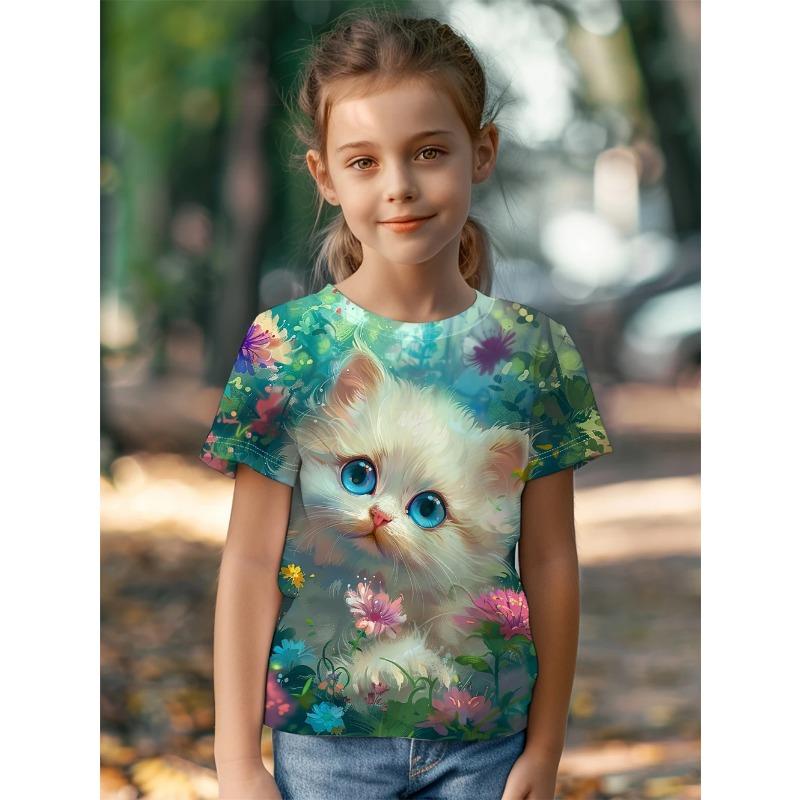Children's Clothing Girl T-Shirt Short Sleeve 3D Cartoon Print Kids Summer Clothes Casual Round Neck Girl Clothes Tops