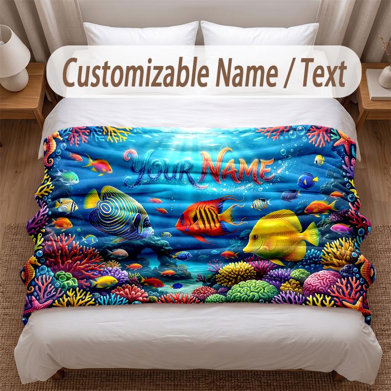 Fish Ocean Theme Soft Blanket Personalized Custom Name Text Print Warm Blanket Home Sofa Bedroom Decor