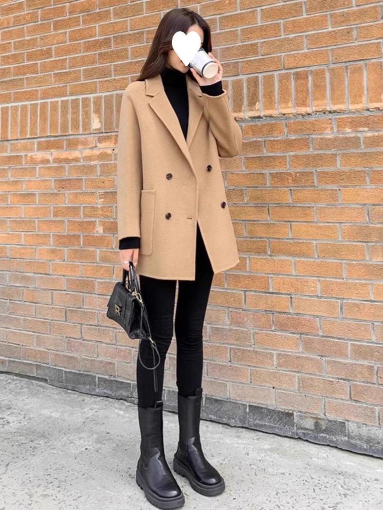 Plus Size Women's Black Wool Slimming Trench Coat - Double-Sided Woolen Jacket for Spring/Autumn 2025.