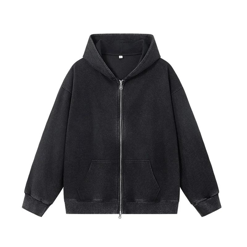 

Осень Зима Выстиранный Винтажный Хлопок Толстовка Толстовки Модная Повседневная Верхняя Одежда Однотонная Мужская Мода Свитшот XL чёрный