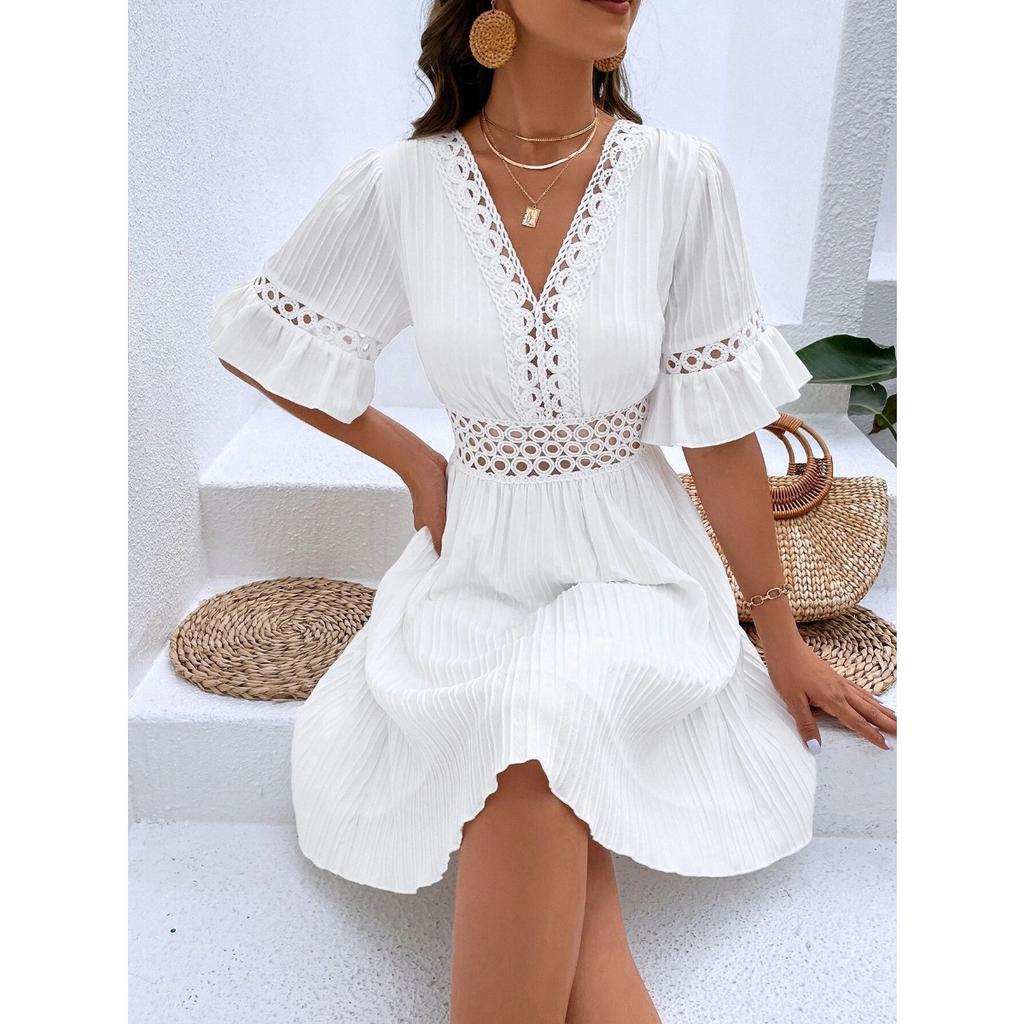 Women's New Summer Splicing Lace Fashion V-neck Waist Solid Color Dresses