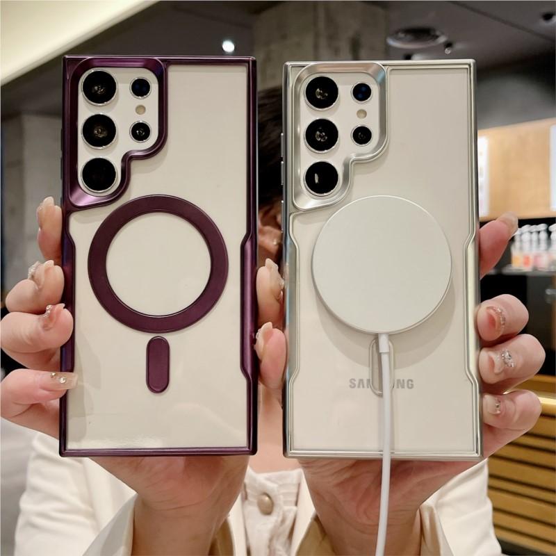 Matte Plating Magsafe Phone Case For Samsung Galaxy S24 Ultra S23 Plus S22 Ultra Magnetic Wireless Charging Silicone Transparent Cover Bumper