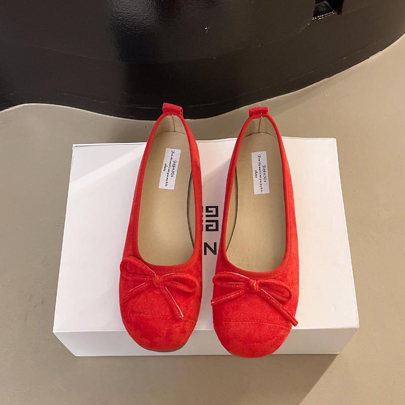 inner height-increasing shoes suede ballet single shoes women's new spring and autumn bow red shoes