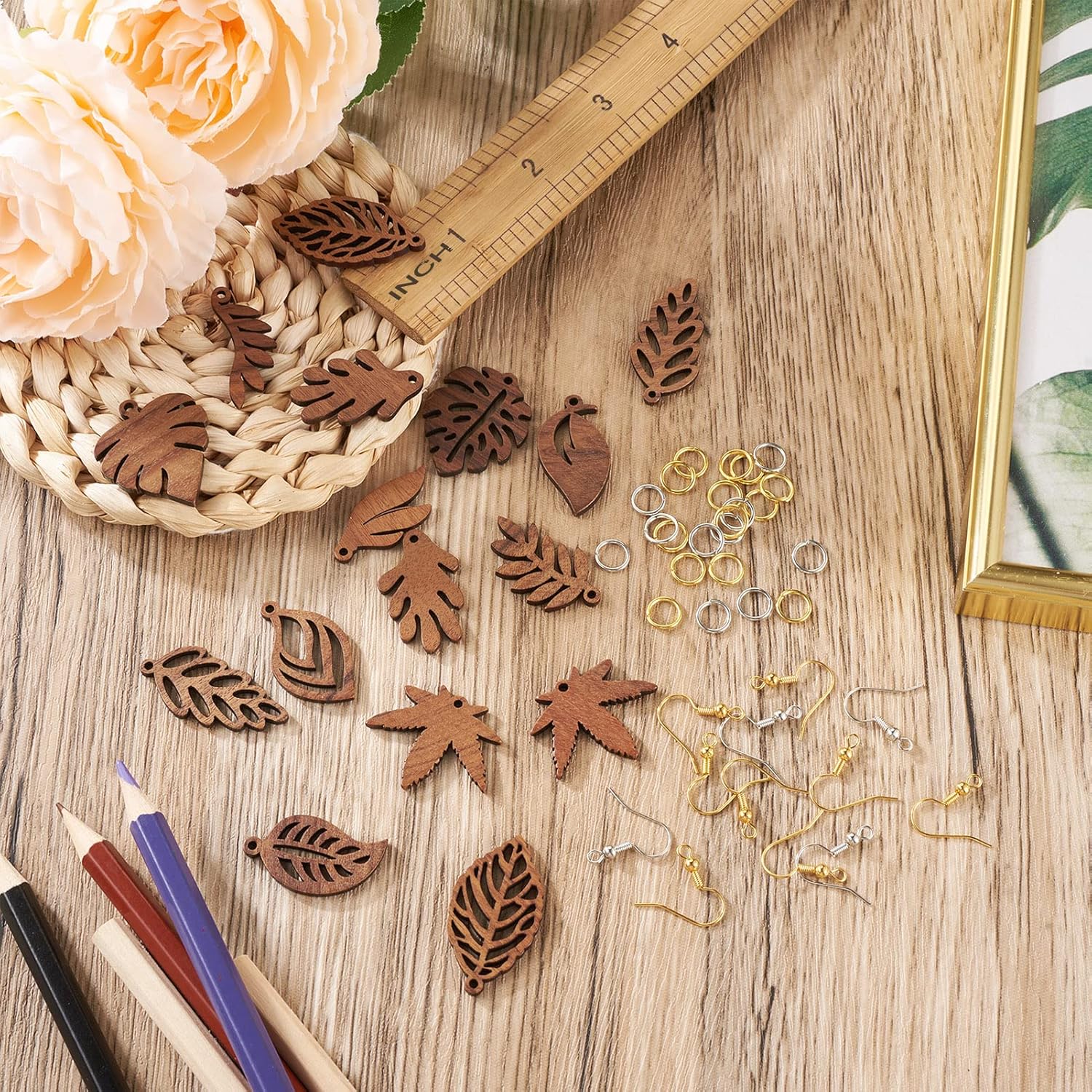 

Деревянные серьги-листья Cheriswelry Натуральные деревянные серьги-подвески Набор для изготовления Подвески-листья из кокосово-коричневого дерева Латунные крючки для серег Соединительные кольца для женщин