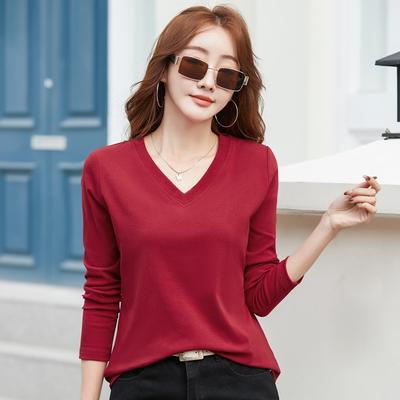 Nowy Wiosenny Jesienny Luźny Casualowy T-shirt z Dekoltem w Serek z Długim Rękawem Damski Bawełniany Podkoszulek Top w Jednolitym Kolorze