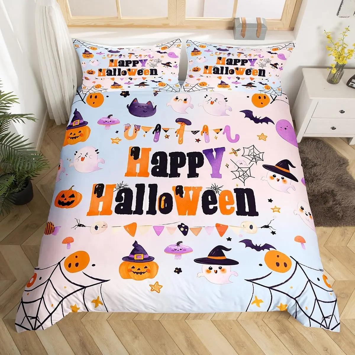 

Happy Halloween Duvet Cover Double Stars Bat Ghost Cat Pumpkin Comforter Cover Cartoon Holiday Pink Purple Graffiti Quilt Cover 70x133cm 2pcs