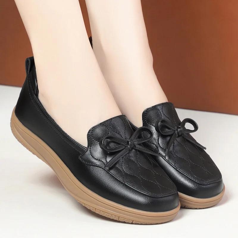 2.5cm Fashion Comfortable Shallow Mouth Soft Leather Shoes Women Flats Fall 2025 Sweet Bow Loafers Non Slip Shoes for Office Mom