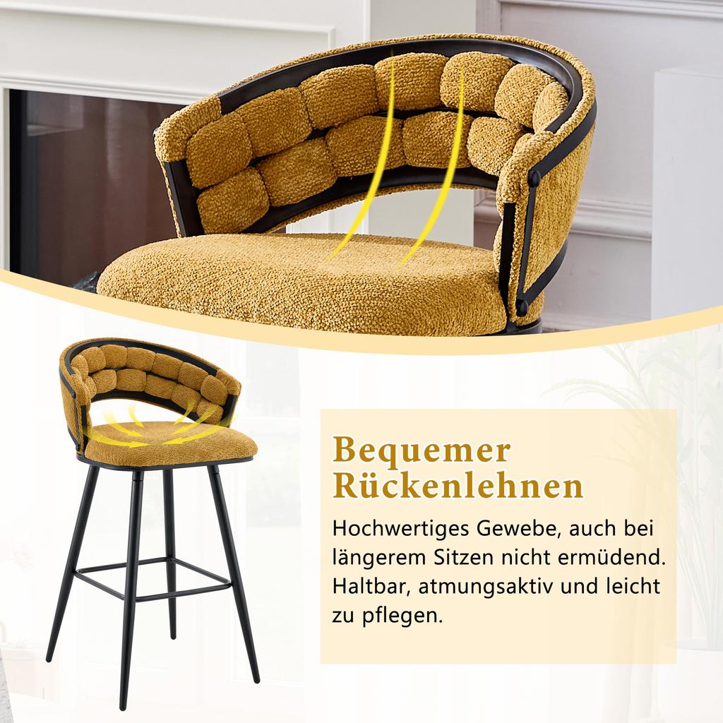 Set aus 2 gelben Samt-Vorhangstühlen mit schwarzen Eisenbeinen, moderne Barhocker für den Heimbereich der Hausbar