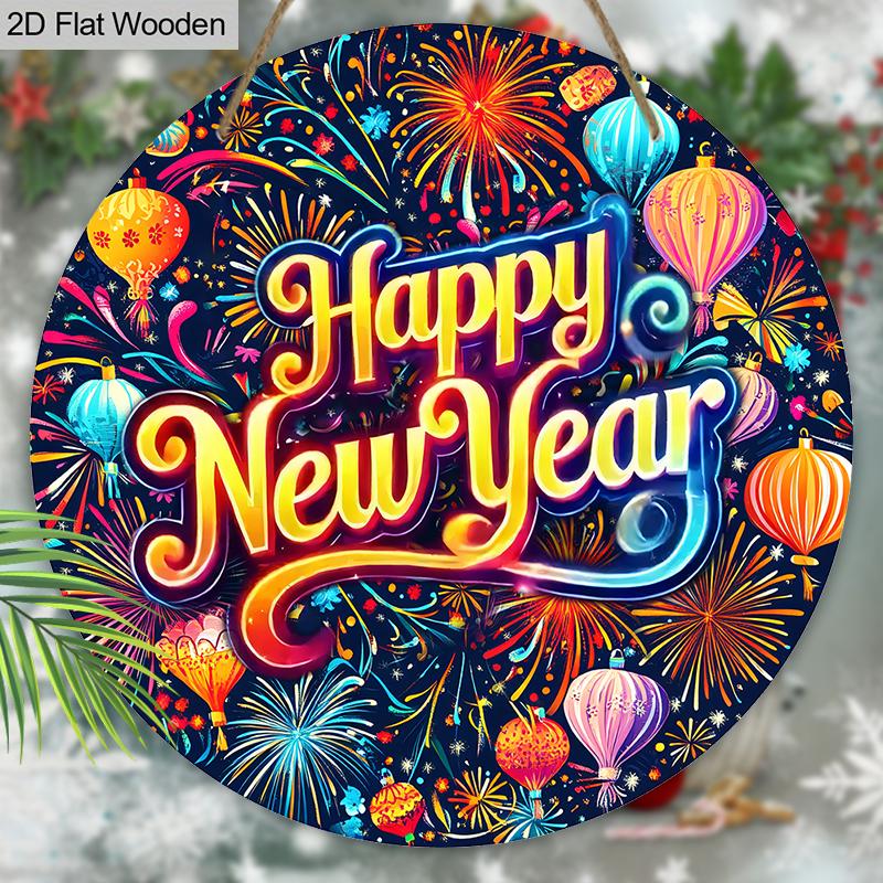 Happy New Year Festival Wooden Sign - Colorful Hot Air Balloon Round Sign for Front Door, Wall Hanging Decor - Ideal Festival Decoration