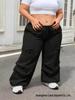 Plus Size Black Trousers with Slit & Bow Detail - Elastic Waist, Loose Fit