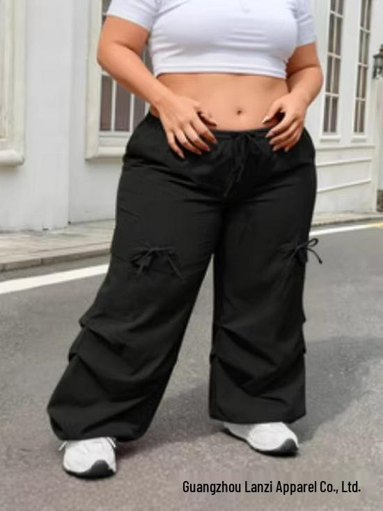 Plus Size Black Trousers with Slit & Bow Detail - Elastic Waist, Loose Fit