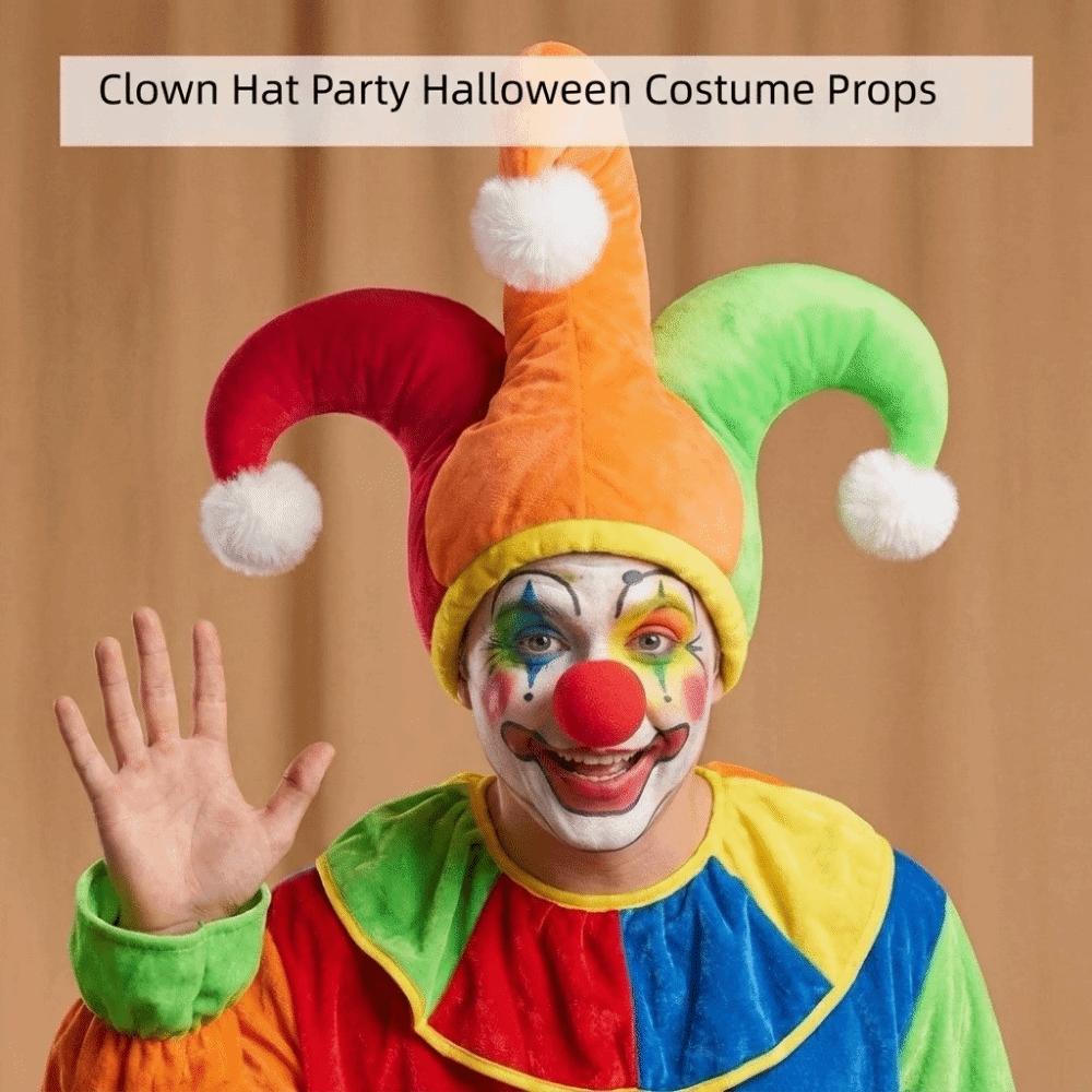 Triple Point Clown Hat with White Pom Poms Joker Hat Halloween Party Hat Adult Funny