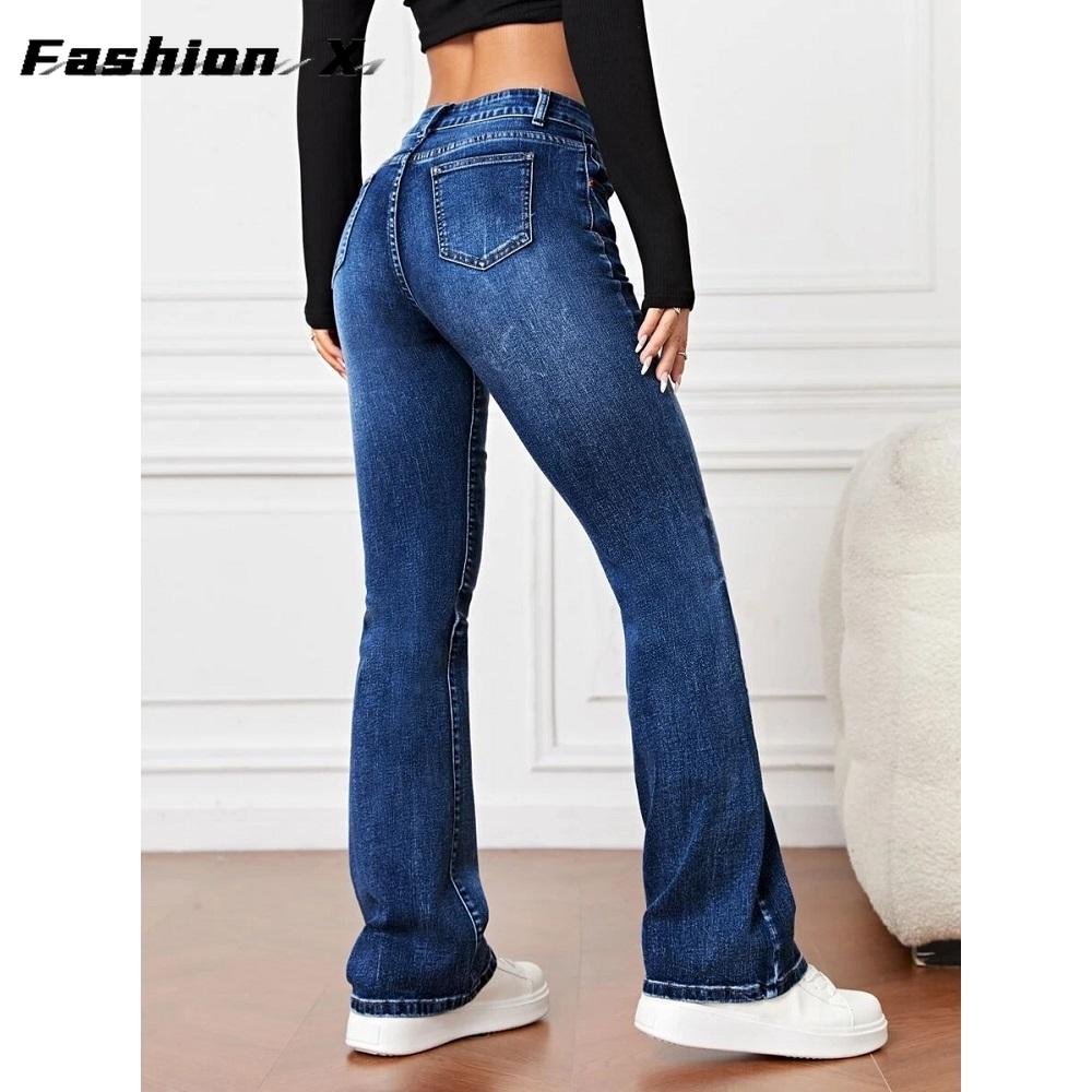 Women's Long Casual Denim Trousers Women's Stretch Jeans Straight Legs