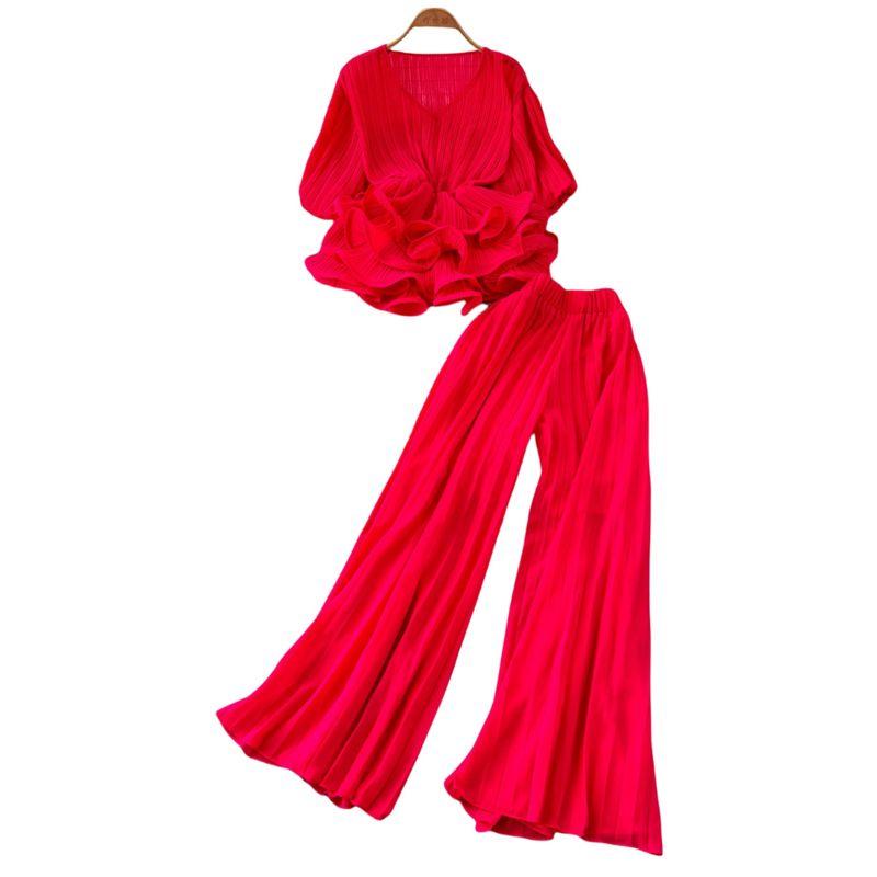 Fancy Adult Lady like Woman Women's Lightly Mature Waist Trimming Ruffles Ruched Puff Sleeve Top High Waist Wide Leg Suit