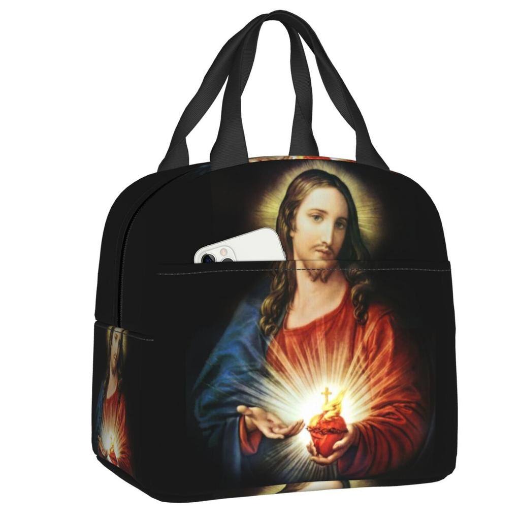 Custom Sacred Heart Of Jesus Lunch Bag Women Thermal Cooler Insulated Lunch Box for Kids School Children