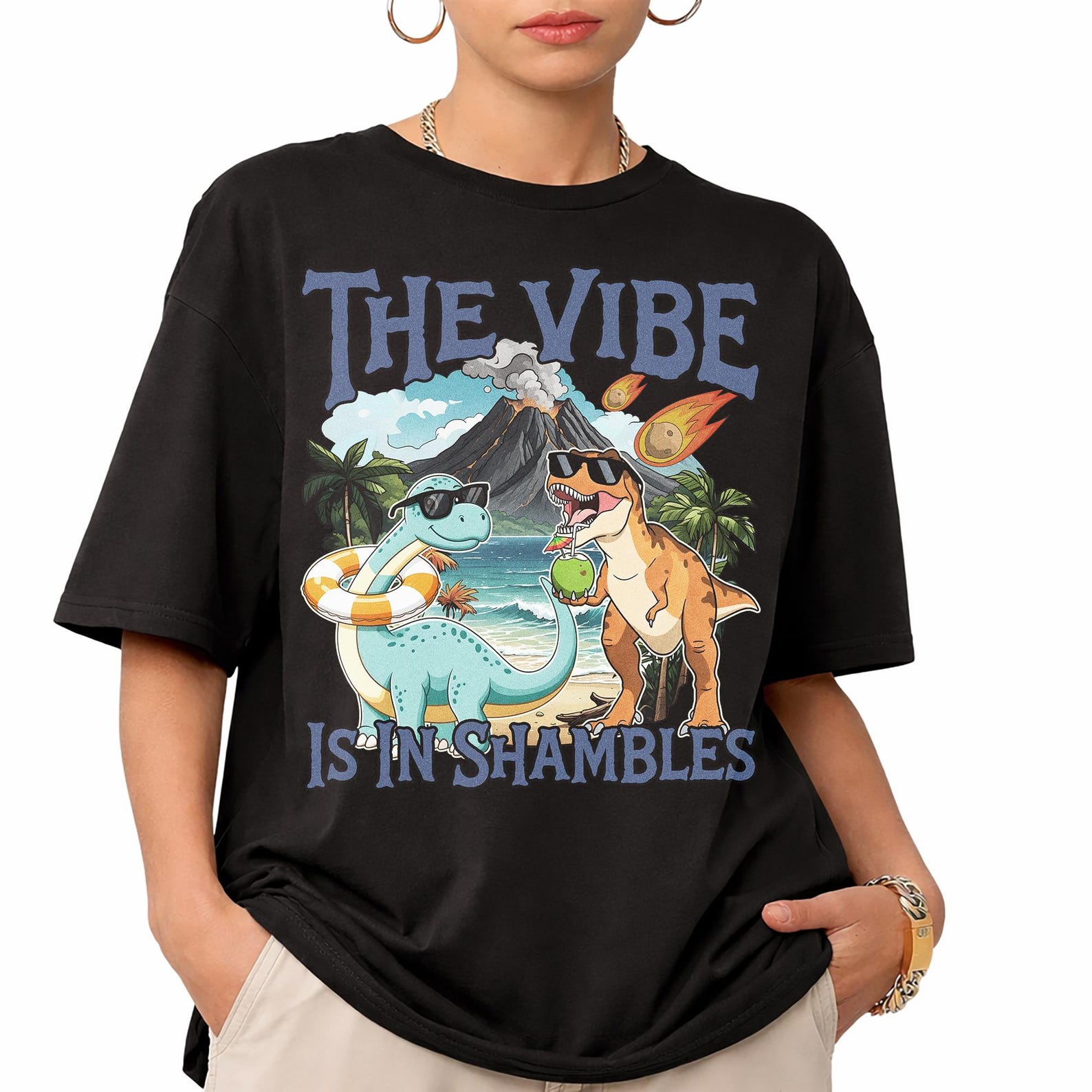 The Vibe Is In Shambles Dinosaur Shirt, Retro Summer Beach Vacation Tee S