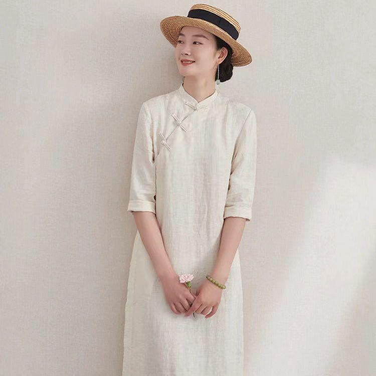 Pure Cotton & Linen-like Spring Summer Artistic Retro Solid Color Three-Quarter Sleeve Dress for Women - Modified Qipao Zen Tea Attire