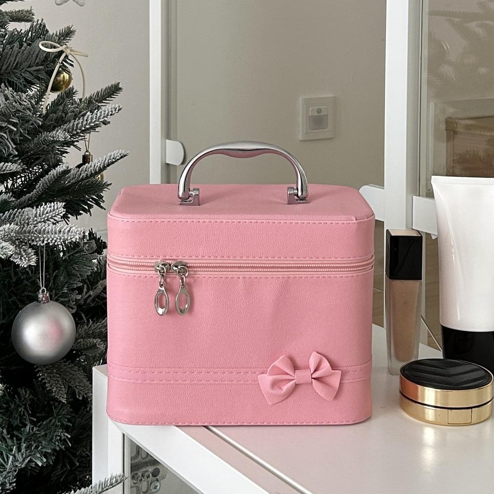Pink Bow PU Leather Makeup Bag Portable Handheld Makeup Case Skincare Product Storage Box Trips
