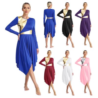 Womens Worship Dance Dress Metallic Color Block Long Sleeve Irregular Hem Liturgical Performance Costume for Church
