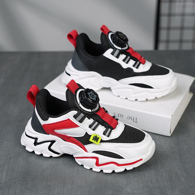 Boys shoes 2025 autumn new middle-aged and older boys rotating buckle mesh leather running shoes children's sports shoes