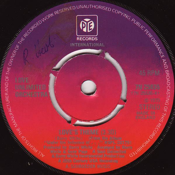 

7-дюймовая пластинка LOVE UNLIMITED ORCHESTRA Loves Theme 7N25635 Pye Internation 1973 UK SoulFunk Б/у
