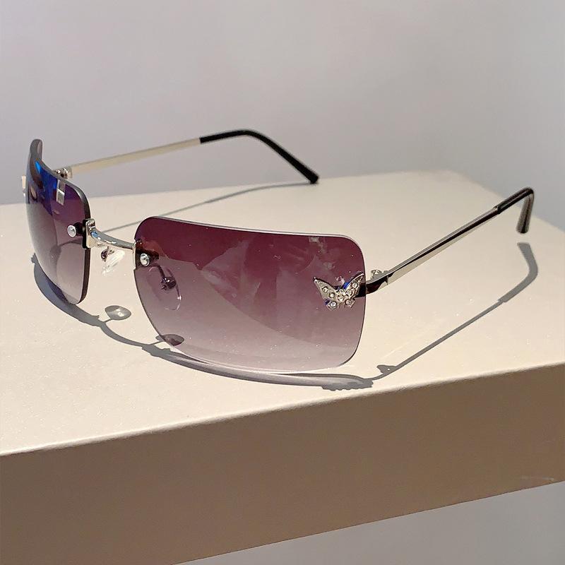 Luxury Brand Designer Rimless Square Sunglasses Women For Female Trendy Sun Glasses Diamond Butterfly Pink Punk Shades Uv400