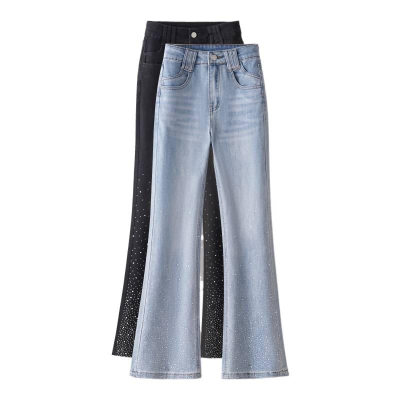 Heavy industry hot diamond micro-pull jeans women's summer high-waisted slim-fitting and thin horseshoe pants light blue flash fishtail pants tide