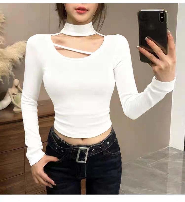 Spicy Girl Style Halter Neck Long Sleeve T-Shirt: Spring & Autumn Slim Fit, Pure Design, Short Base Layer for Women.
