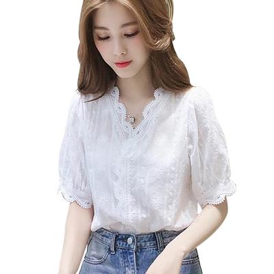 Lace Hollow Out Sweet Loose White Women's V-Neck Blouse Half Sleeves Solid Blouse Shirt