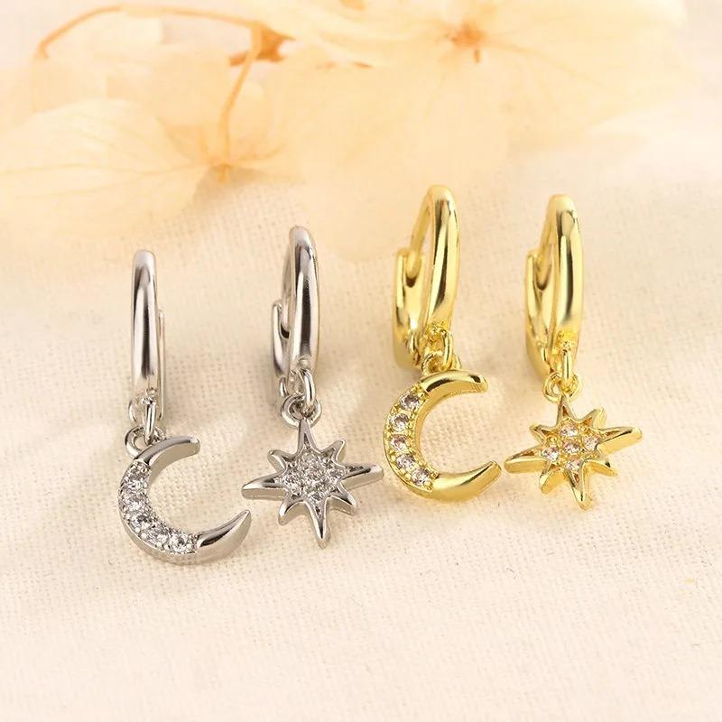 925 Silver Star Moon Hoop Earrings for Women Girls Zircon Dangle Earrings Gold Silver Party Jewelry Gifts