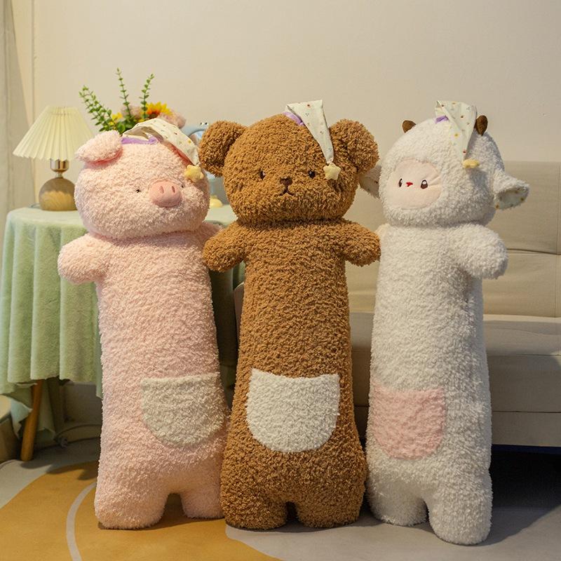 Cuddly Bear Pig Sheep Long Pillow Soft Curly Plush Huggable Animal Pillow Cushion Cute Comfortable Cozy Bed Companion Gifts