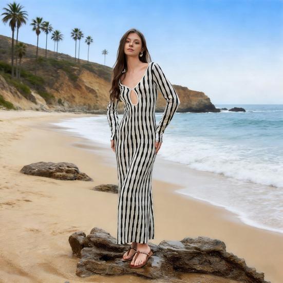 Cover Up Dress V-Neck Long Sleeve Loose Fit Beach Dress Loose Fit Striped Print Sun Protection Bikini Cover Up Dress Beachwear