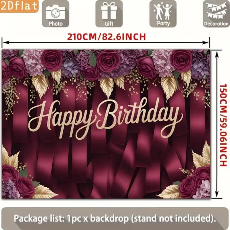 2D Birthday Photography Backdrop Burgundy Background with Purple Flowers and Satin Ribbons