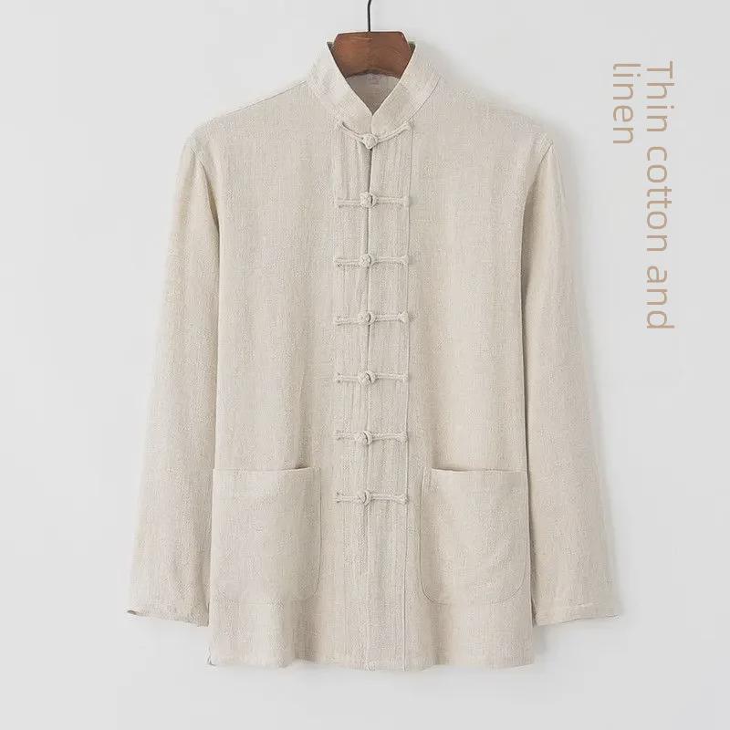 Men's Cotton Linen Tang Suit - Long-Sleeve Retro Chinese Buttoned Attire for Middle-Aged & Elderly, Loose Tai Chi Style