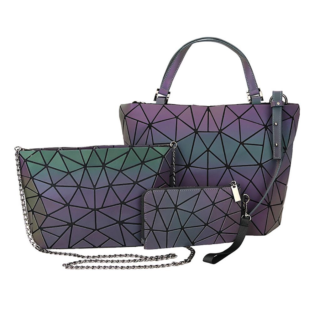 3pcs/set PU Geometric Luminous Shoulder Bag Crossbody Bag for Women Holographic Reflective Bag Set