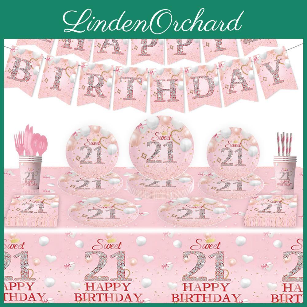 Cute Pink 21st Birthday Party Supplies Disposable Tableware Set With Banner Napkins Cups Plates And Utensils