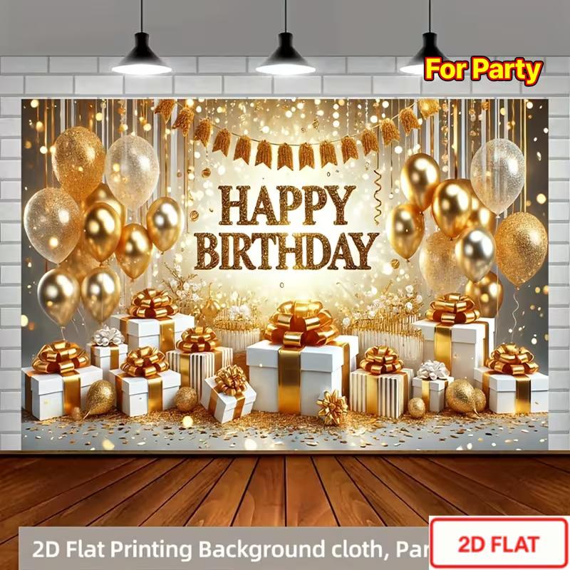

2D Happy Birthday Photo Backdrop Banner Gold Glitter Tassel Curtain Balloon Party Background Cloth 47.2x31.5inch/120*80cm