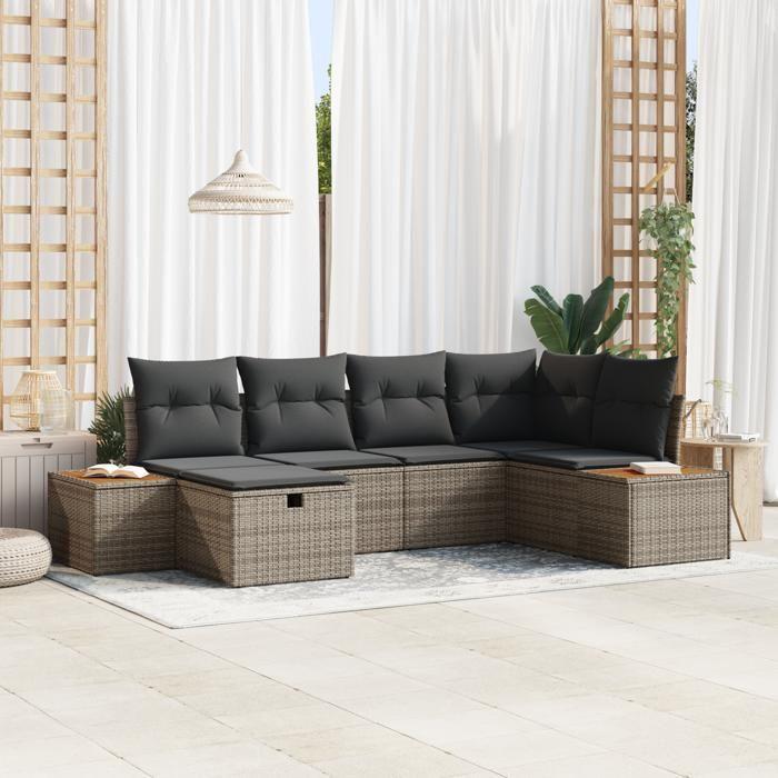 VidaXL Ensemble de Canapés de Jardin 6 Pièces avec Coussins Gris Rattan Poly 3359631