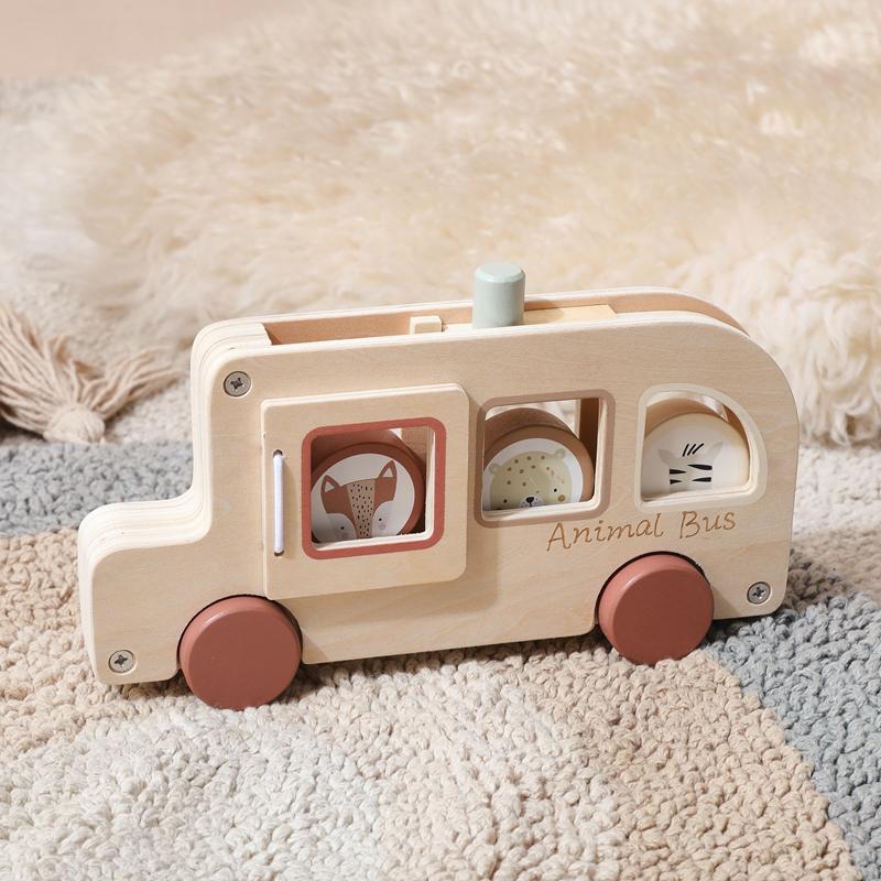 1PC Wooden Bus Toy Montessori Hand-pushed Car Baby Hand-eye Coordination Exercise Toys Parent-child Interactive Games Baby Gifts