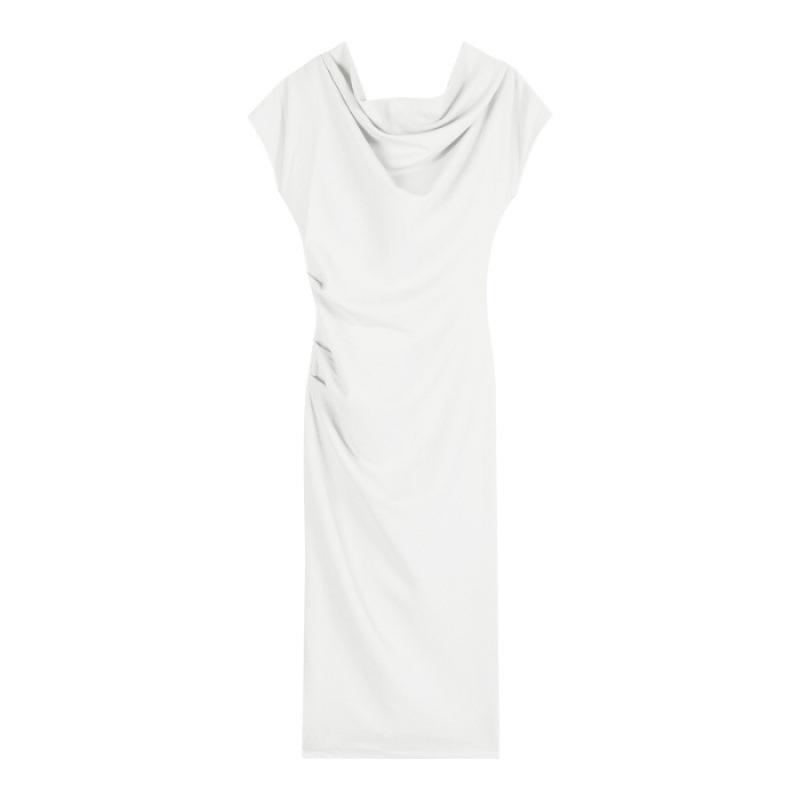 Temperament sexy slanted shoulder short-sleeved dress women's summer slim-fit long dress showing figure waist hip skirt