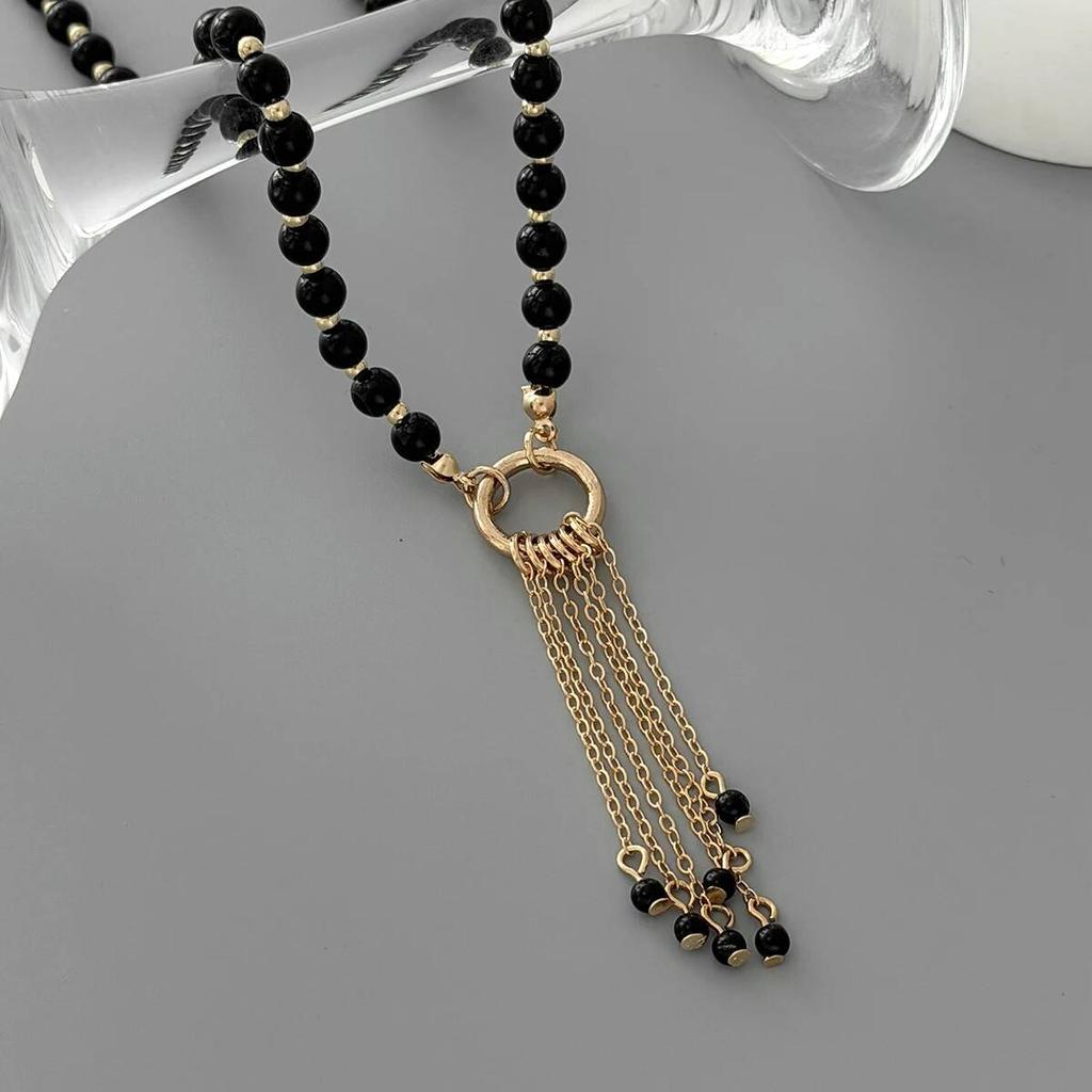 SHIXIN Exquisite Elegant Black Acrylic Beaded Tassel Pendant Chokers Necklace Women Trendy Metal Clavicle Chain Wedding Jewelry