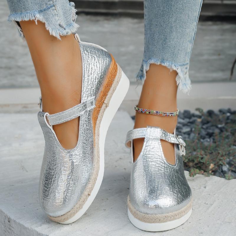 Thick-soled fashion casual single shoes women's printed bag head belt buckle hollow wedge heel large size single shoes