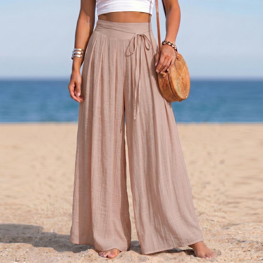 Women's High Waist Wide Leg Pants Linen Blend Casual Loose Fit Pleated Palazzo Trousers with Tie Detail and Elastic Waistband