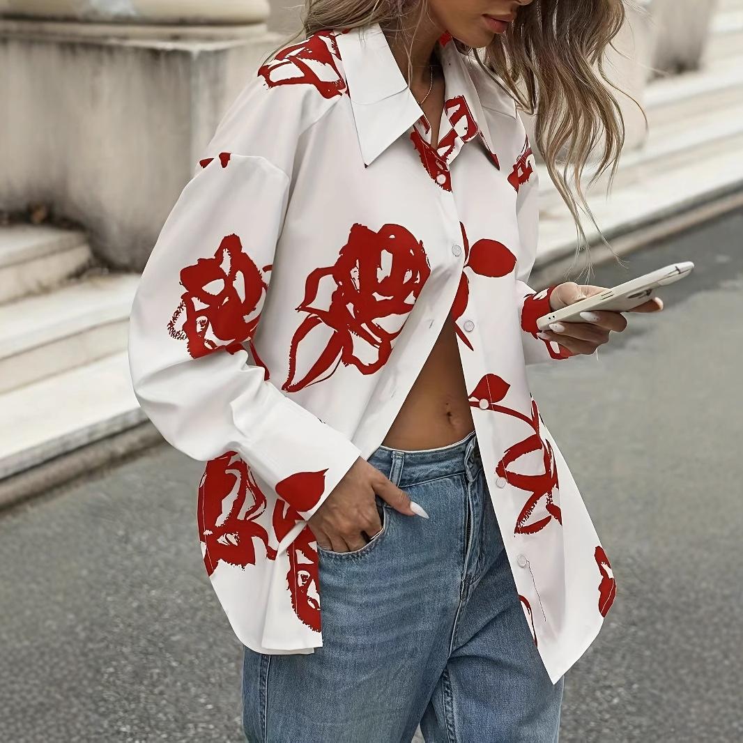 Women S Long Sleeve Polo Shirt Red Floral Print Loose Fit Blouse S