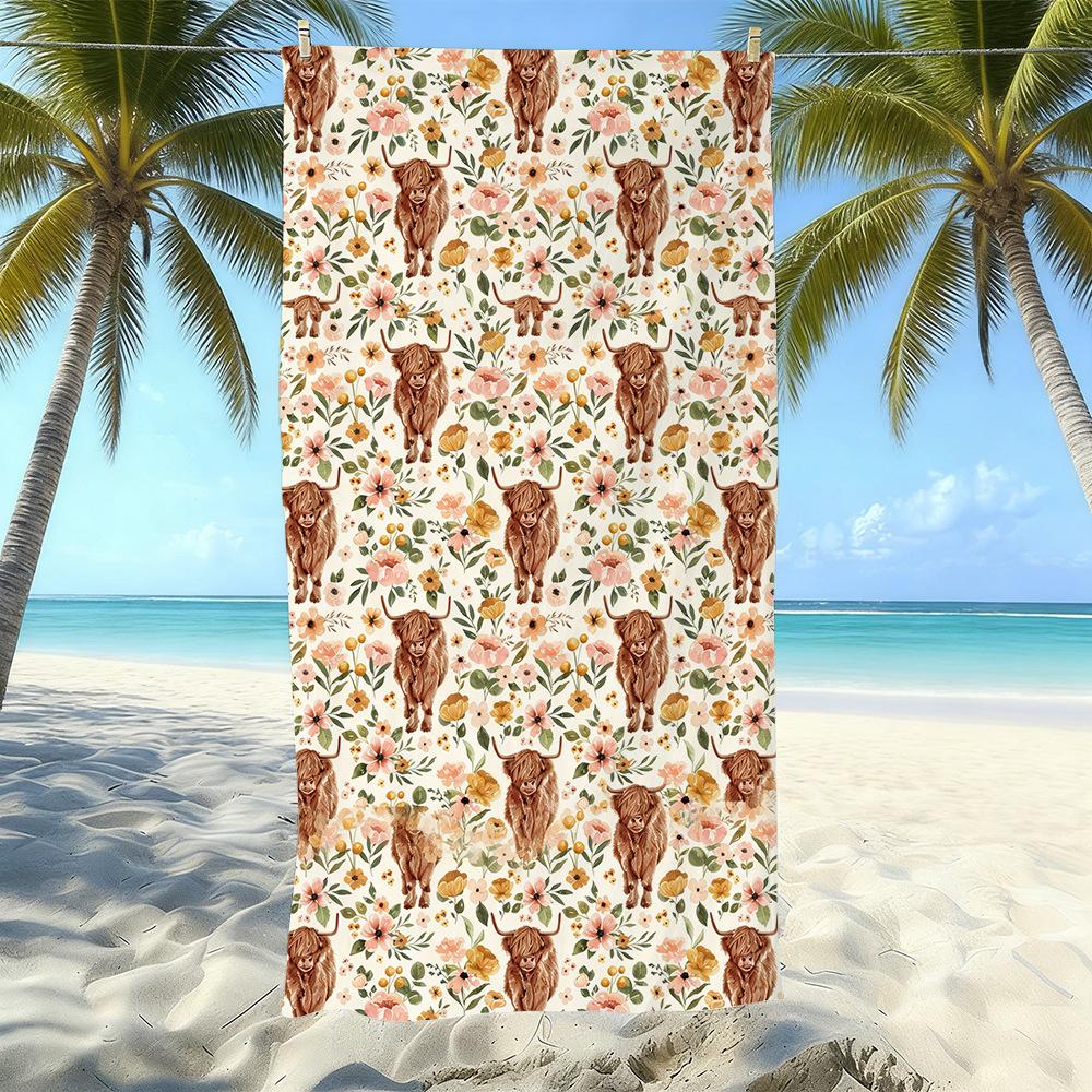 Europäisches und Amerikanisches Retro Hochlandrind Druck Strandtuch Mikrofaser Verdickt Wasseraufnahme Schnelltrocknend Outdoor Badetuch