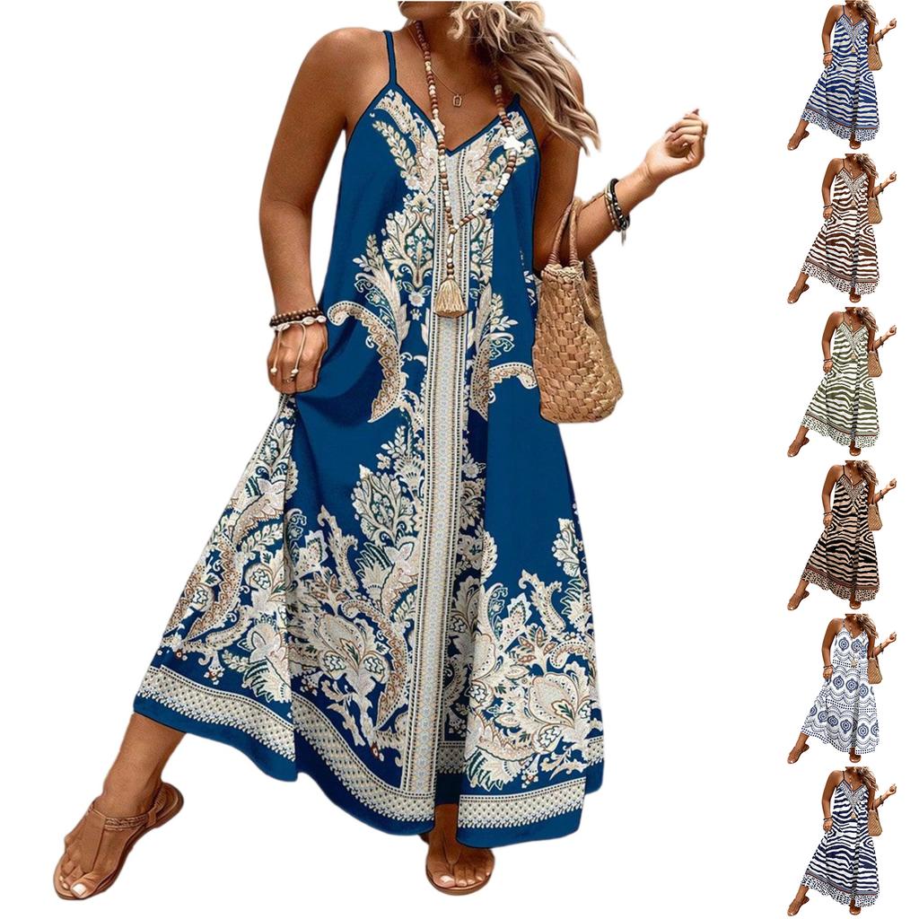 Women's Summer V-neck Bohemian Casual Seaside Vacation Printed Plus Size Sling Dress