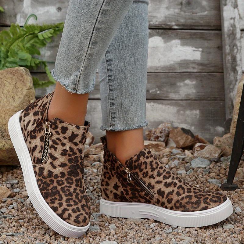 Women's Leopard Print Casual Ankle Boots with Thick Rubber Sole Zipper Closure - Round Toe Winter-Ready Fabric Upper for Office, Gym,